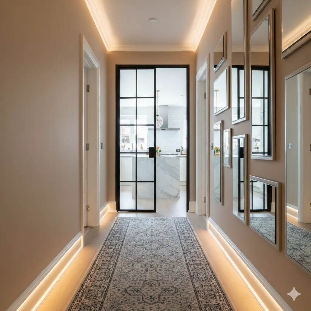 Ideas de acabados decorativos 5 Pasillo moderno con iluminación y puerta de cristal