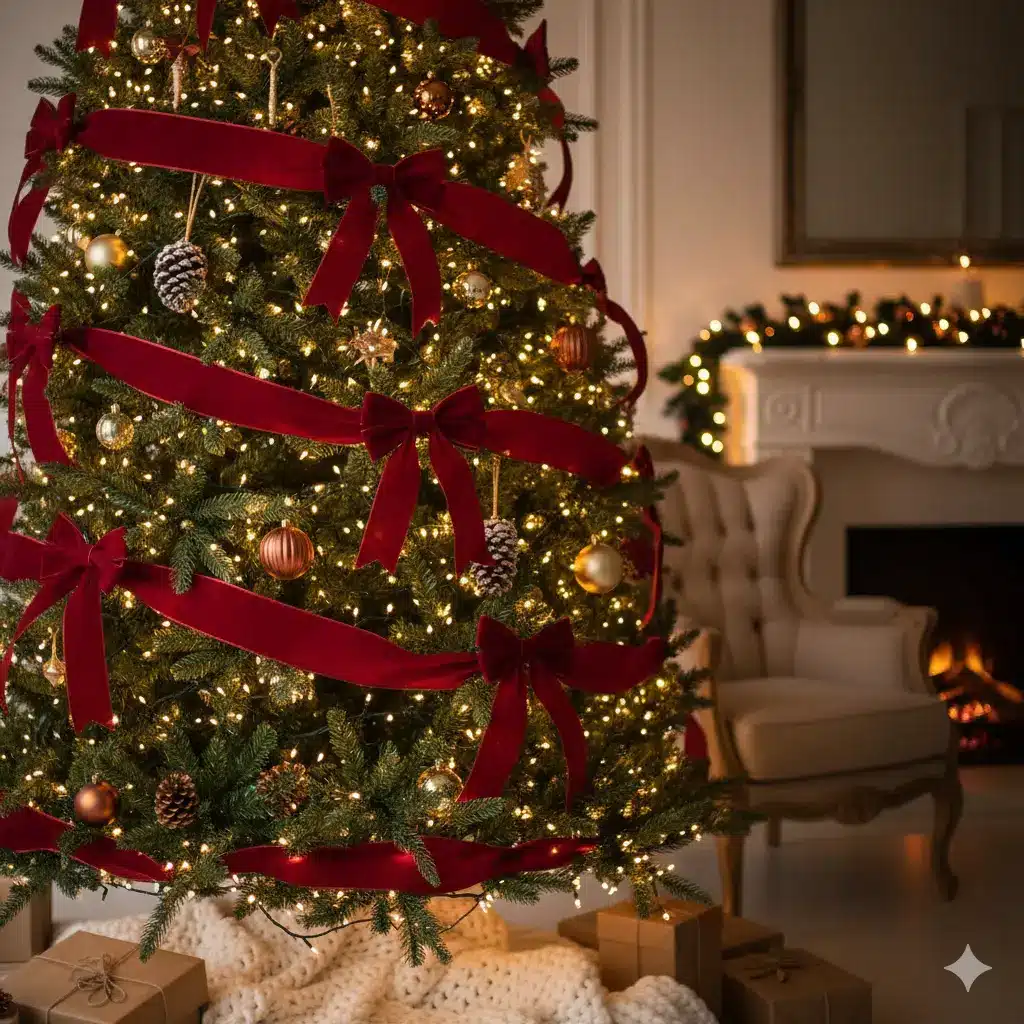 Guía de Decoración Navideña 2025 2 árbol de navidad adornado con adornos navideños y cintas de terciopelo rojo