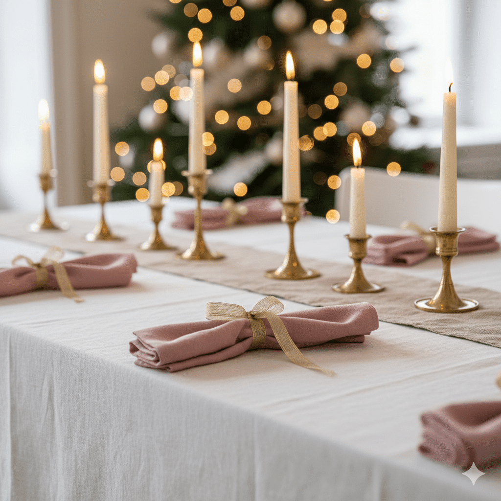 mesa de navidad adornada con adornos navideños en rosa polvo